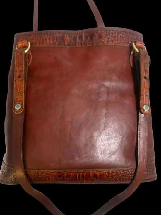 VTG Brahmin Tuscan Bucket Bag Chestnut Leather Croc Embossed Trim 90s USA Charm - Picture 10 of 12
